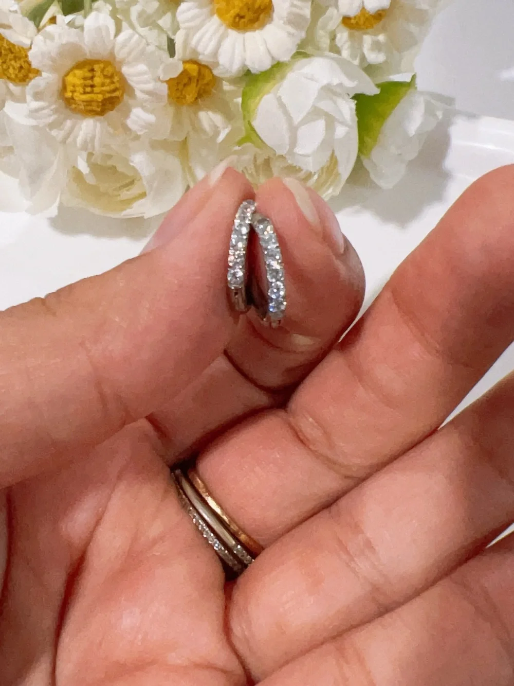 White Gold Plated Huggie Hoop Earrings with CZ stones 10mm